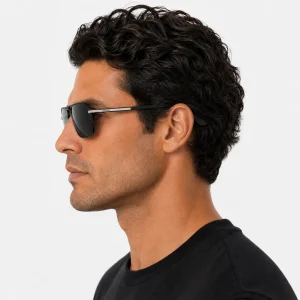 Black Aviator Sunglasses with Iconic Metal Plaque