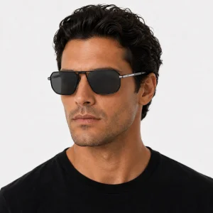 Black Aviator Sunglasses with Iconic Metal Plaque