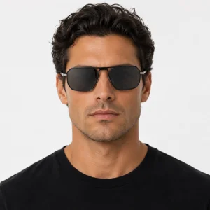 Black Aviator Sunglasses with Iconic Metal Plaque